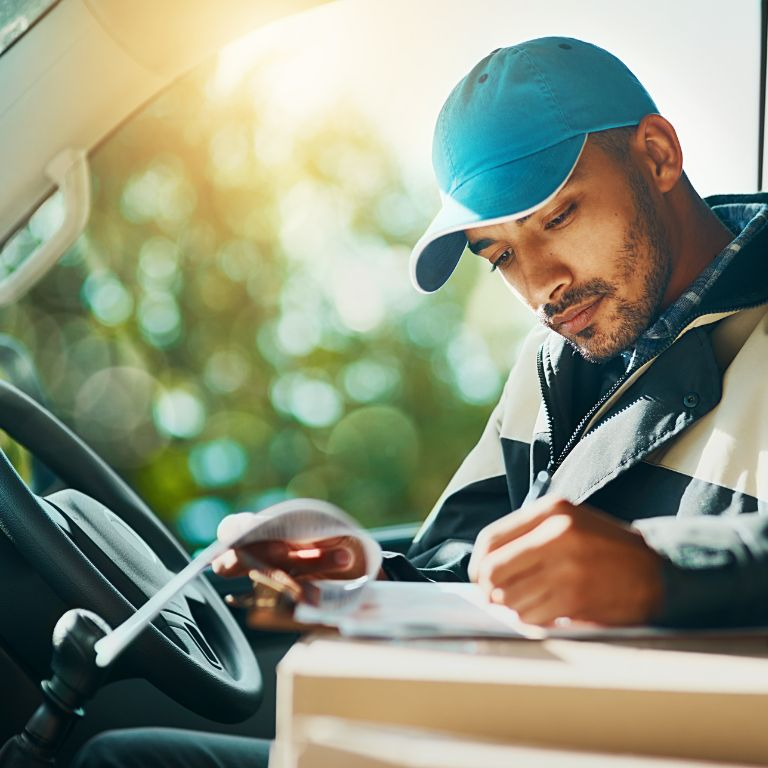 Delivery driver sitting inside a vehicle, holding a clipboard and pen, reviewing documents with a package on the passenger seat.