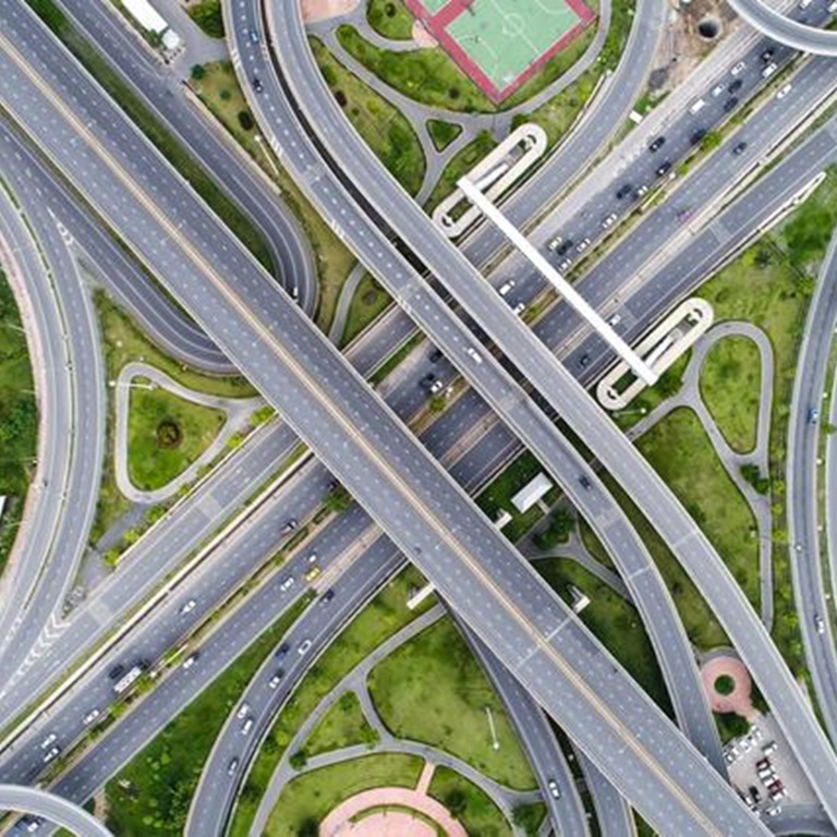 Birdseye view of multiple roads crossing