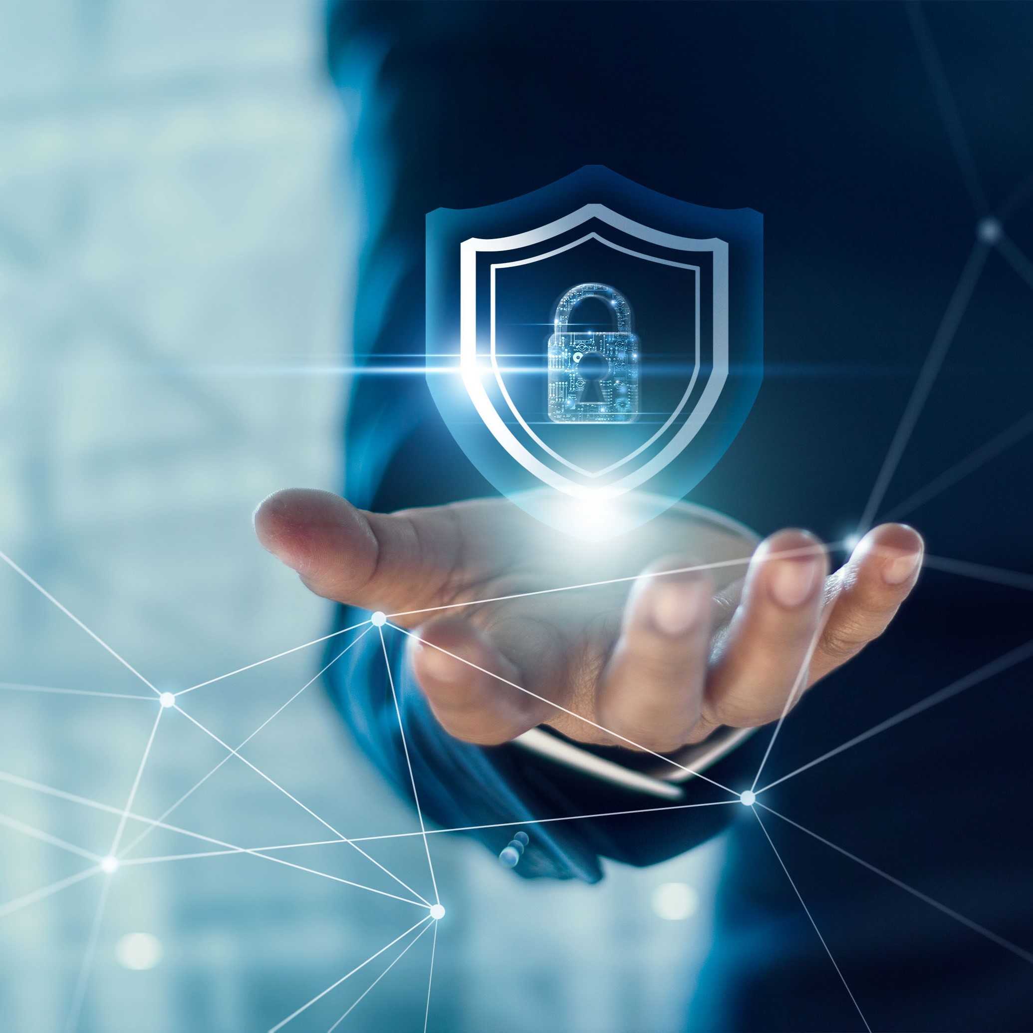 Businessman holding Shield with padlock in hand on global networking connection, Data protection and network security, insurance business, internet fire wall and crime cyber protection.