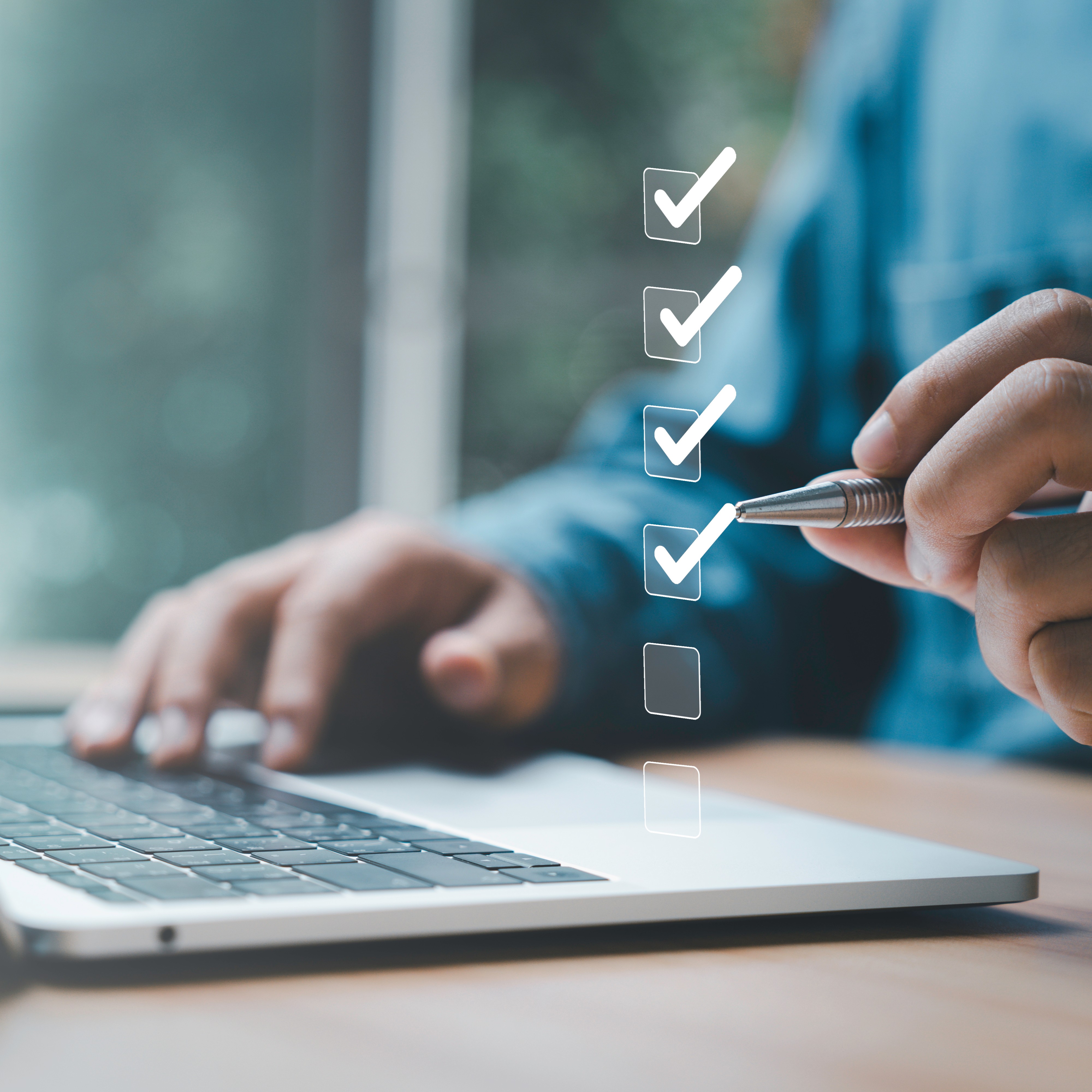 Businessman use pen to tick correct sign mark in checkbox for quality document control checklist and business approve project concept.